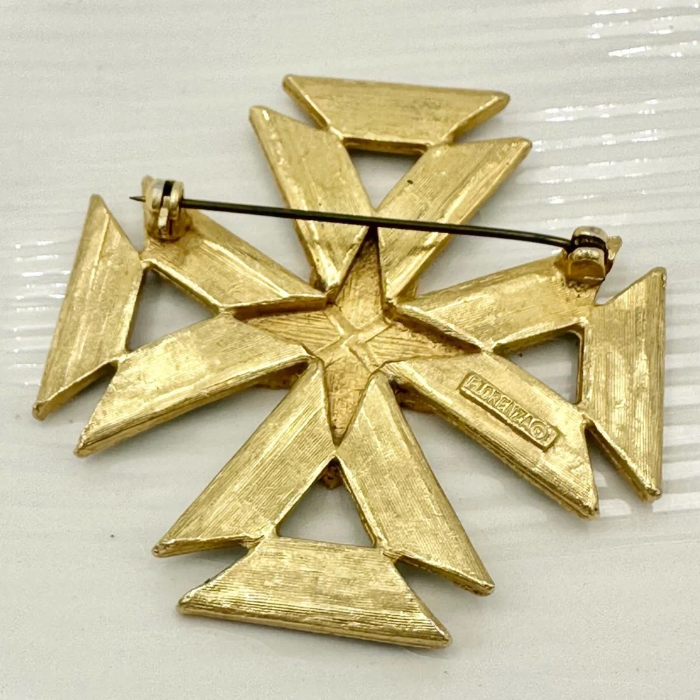 Vintage FLORENZA Green & Blue Enamel Maltese Greek Cross Pin Brooch